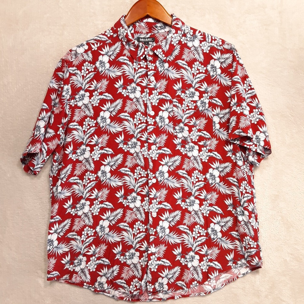 Mix & NY Mens SS Button Shirt Sz.Large/Red-Floral Print/100% Rayon/Hawaiian